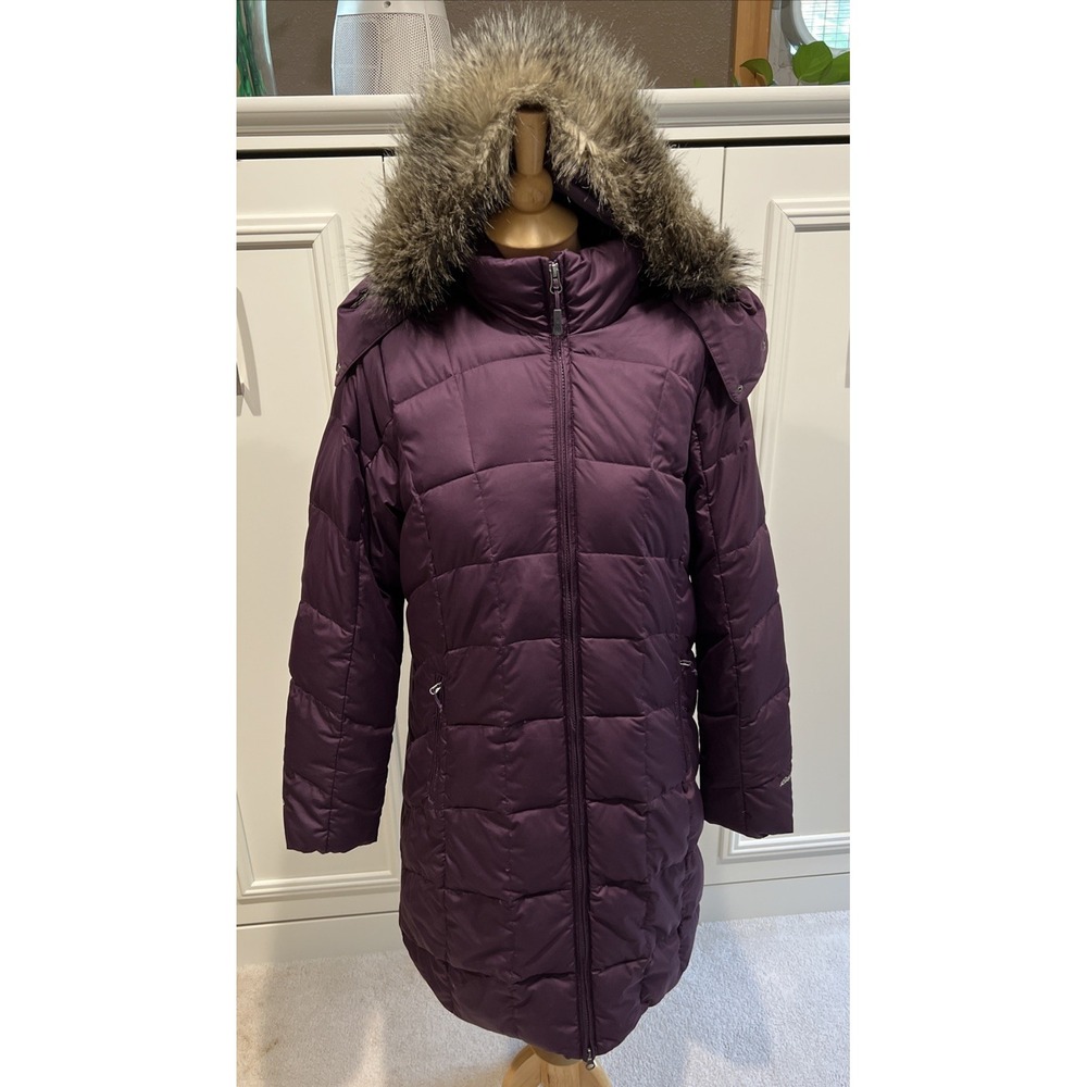 Eddie Bauer Quilted Down Puffer Parka Jacket Purple Long Faux Fur Hood EB650